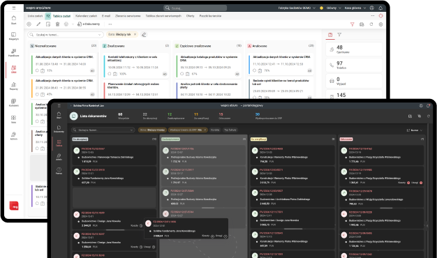 Dwie odsłony Tablic Kanban do zarządzania zadaniami CRM oraz dokumentami księgowymi, umożliwiające łatwe zarządzanie i zmianę statusu.